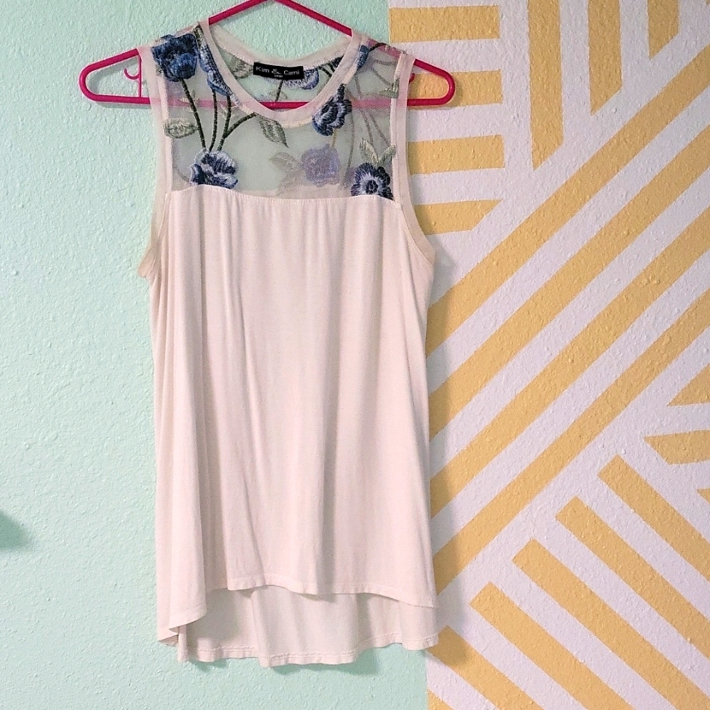 White Tank Top with Floral Mesh